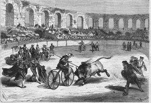 1869年在尼姆竞技场举行的公牛比赛。斗牛士们骑在自行车上。由米兰达先生绘制。 作者 米兰达（Miranda）