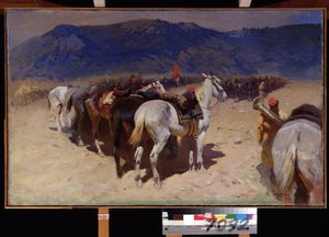其余的骑兵，布哈拉的 29 骑兵团。1917 年十月革命期间，红军一个团的无骑马在草原上列队。绘画