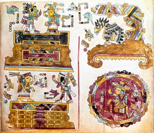 米斯特克文明。印有日常活动插图的米斯特克法典 - 前哥伦比亚艺术，混合文明：生活场景 - Hernan Cortes于1519年寄给查理五世的Vindobonensis法典或维也纳法典副本的细节 - 墨西哥 C