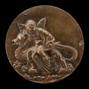 骑在龙身上的丘比特，约1500年。 作者 Moderno