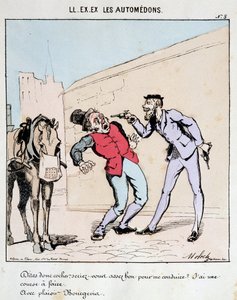 HE. EX. EX. Motoredons: Cartoon of transport in the city. A bourgeois politely asks a coachman to drive him while threatening him with guns. Drawing by Moloch (1849-1909), around 1860. 作者 主宰