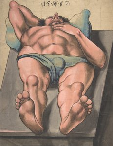 躺在桌子上的男性裸体，1567年。 作者 Monogrammist AW