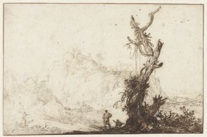 山间风景，前景是一棵光秃秃的树 作者 Bartholomeus Breenbergh（拒绝归属）