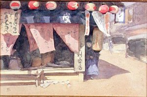日本茶馆外，约1887-88年（卡上水彩）。 作者 Mortimer Ludington Menpes