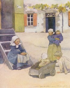 在蓬阿文的 "广场 "上玩耍（彩色石版画） 作者 Mortimer Ludington Menpes