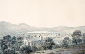 从 Meirionethshire 的 Llanfawr 教堂上方俯瞰 Llyntagit 的巴拉池