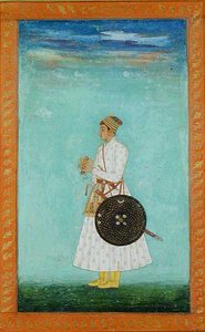 莫卧儿宫廷的一个年轻贵族拿着一个密封的锦缎信封，约1670-80，来自大克莱夫相册（纸上水粉画 作者 莫卧儿学校