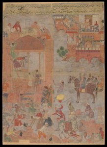 Anushirvan在吉祥时刻奠定了Ctesiphon的基础，手稿对开，1560-1565（不透明的水彩，墨水和金在布上，安装在纸板上） 作者 莫卧儿学校
