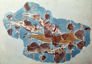 迈锡尼艺术：狩猎场景，狗追赶野猪。蒂林特宫殿的壁画碎片和重构图