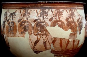 Mycenian civilization: crater called the Warriors. From the circle of tombs A to Mycenes. 12th century BC. Athenes, National Archeological Museum - Art of Mycenaean civilization: crater called Warriors crater. From the grave circle A at Mycenae. 12th centu