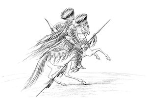 美洲印第安人，头戴武器和头饰，骑马，1841年。