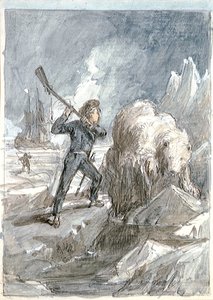 纳尔逊与熊相遇，约 1854 年（灰色水洗，白色加高，水彩，石墨）