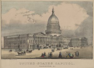 美国国会大厦，华盛顿特区，1872年（彩色石版画）。 作者 库里尔和艾夫斯