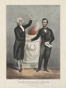 华盛顿和林肯。我们国家的父亲和救星，约1865年（彩色石版画）。 作者 库里尔和艾夫斯