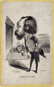 Portrait-charge by Alfred de Musset (1810-1857), French poet and playwright. Cartoon by Gaspard Felix Tournachon dit Felix Nadar (1820-1910). 作者 纳达尔