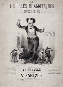 让-贝尔特利耶（1830-1888）的肖像，手持木偶之子。相册 "Les Ficelles Dramatiques deroulees by Berthelier de l