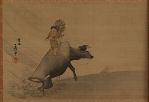 暴雨中骑水牛的牧童，江户时期，18世纪末。
