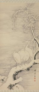 苍鹭在雪中，ca。 1840年。 作者 中林筑东