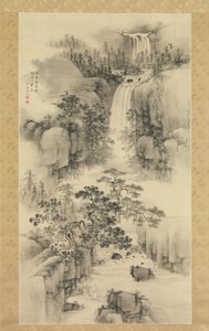 有瀑布的风景，1841年。 作者 中林筑东