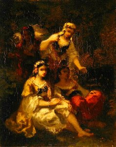 四个西班牙少女，约1844-60（油画板）。 作者 Narcisse Virgile Diaz de laPeña