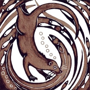 水獭与鳗鱼》，2010 年（彩色木刻）