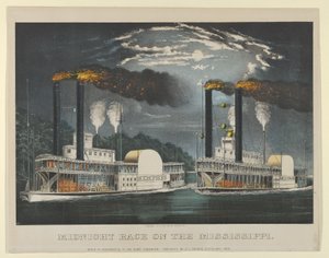 密西西比河上的午夜竞赛，1875年，1875年。创作者：Nathaniel Currier, James Merritt Ives, Currier and Ives. 作者 库里尔和艾夫斯