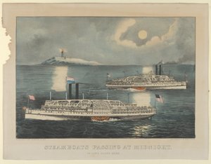 午夜经过的汽船--在长岛湾，1872-74.创作者：Nathaniel Currier, James Merritt Ives, Currier and Ives. 作者 库里尔和艾夫斯