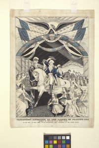 华盛顿在特伦顿过桥时受到女士们的招待会（手绘彩色石版画） 作者 纳撒尼尔·卡里尔（Nathaniel Currier）