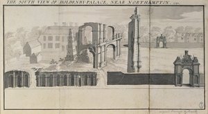 Holdenby议院和废墟南视图如在1729年看见 作者 纳撒尼尔（Nathaniel）和塞缪尔·巴克（Samuel Buck）