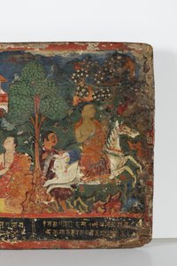 佛教手抄本封面的细节（木头上的不透明水彩） 作者 尼泊尔学校