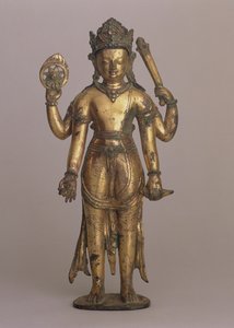 印度教毗湿奴神像，约1200年（高铜器，刻字，鎏金，镶嵌宝石和绘画）。