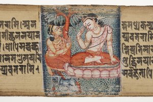 Sudhana在Gandavyuha之前跪在菩萨之前（不透明的wc和棕榈叶上的墨水）