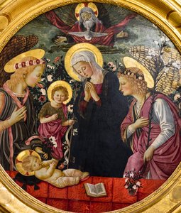 圣母玛利亚、圣约翰和两位天使崇拜基督圣婴