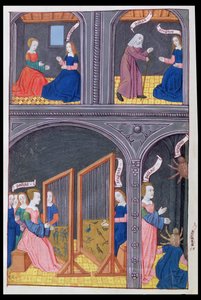 324 f.62 v.Arachne女士挑战Pallas并成为蜘蛛，来自Ovid的Metamorphoses 6，1479