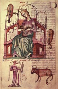 Sloane 3983 fol.42v 维纳斯在弹奏诗琴，选自 "Liber Astrologiae"（牛皮纸）。 作者 荷兰语学校