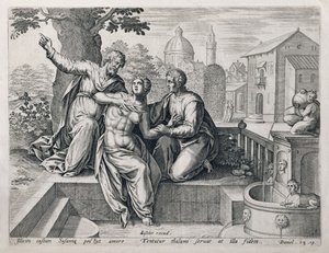 苏珊娜和长老，来自“圣经”中酒吧的场景系列。作者：Claes Jansz Visscher（c.1550-c.1612）c.1590 作者 荷兰语学校