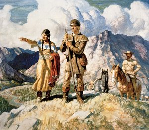 萨卡加维亚与刘易斯和克拉克在1804-06年远征期间的合影（彩色平版印刷）。