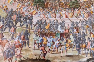 壁画细节在1431年La Higueruela争斗的战斗的霍尔 作者 Niccolo Granello