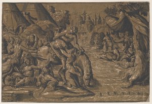 中间的罗马英雄Cloelia被扶上马，背景是罗马，..., 1540-50 作者 尼可罗·维琴蒂诺