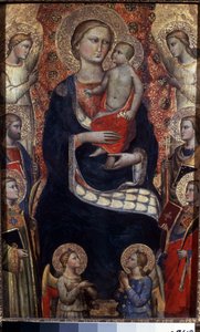 圣母与圣婴、圣徒与天使圣母与圣婴、圣徒和天使。Niccolo di Pietro Gerini（约 1350-1415 年）绘制。佛罗伦萨艺术，中世纪。木板彩绘。圣彼得堡冬宫博物馆