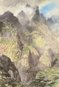 马德拉大库拉尔，前景是一队游客，远处是大皮科（纸面水彩画） 作者 尼古拉斯·谢瓦利埃（Nicholas Chevalier）