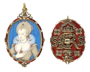 丹麦女王安妮（1574-1619）的肖像缩影，带宝石封面，c.1611（牛皮纸上的wc，镶有表钻的珐琅金框）（另见69710）