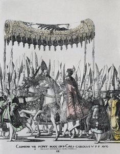 霍根伯格，尼古拉（1500-1539）。查理五世在博洛尼亚的加冕仪式。查尔斯五世（1500-1558）。神圣罗马帝国皇帝（1519-1556）和西班牙国王（1516-1556），作为查理一世；克莱门特七世（1478-1534）。1523年至1534年间的教皇。雕版画 作者 Nicholas Hogenberg