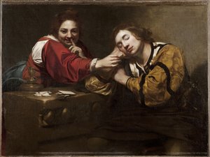 算命场景（被年轻女人唤醒的睡眠者），由 Renieri, Niccolo（Nicolas Regnier）（约 1590-1667 年）。 布面油画 作者 尼古拉斯·雷尼里（Nicholas Renieri）