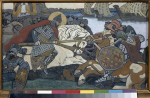 亚历山大-涅夫斯基（1220-1263 年）击败比尔格-亚尔（1210-1266 年）（或比尔格-马格努松-德-比亚尔博）。涅瓦河战役插曲》（1240 年），尼古拉斯-罗里奇（1874-1947 年）作，纸板上的水粉画 作者 尼古拉斯·罗里奇