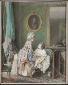 Femme enfilant ses bas - 女人拉着她的袜子，由Lafrensen, Niclas (Nicolas Lavreince) (1737-1807)创作。纸上水粉画