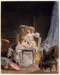 比较。 两个女人比较胸围。 Nicolas Lavreince (1737-1807) 的版画，大约 1782 年。