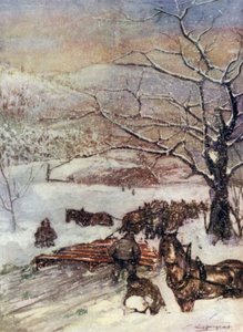 挪威：八匹或十匹马绘制的雪犁（彩色石版画）