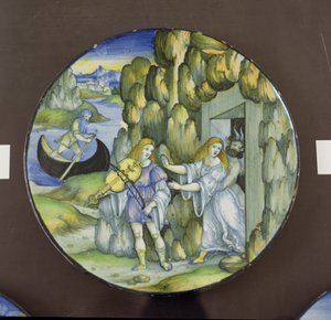 奥菲斯和欧律狄刻在冥界之门》，麦凹版，乌尔比诺的尼古拉-佩里帕里奥（Nicola Pellipario of Urbino，约 1510-42 年）创作，约 1515 年 作者 尼科洛·佩利帕里奥（NicolòPellipario）