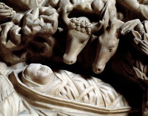 艺术和哥特式建筑：原生 - Nicola Pisano (1215/20-1278/84) 于 1266 年至 1268 年间制作的大理石书桌浅浮雕细节（大理石讲坛细节，诞生）Cathedrale Notre-Dame-de-l 